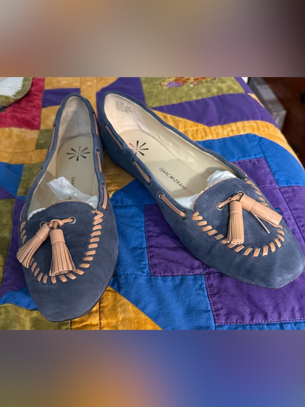 Isaac Mizrahi Navy Suede Tassel Loafers with Tan Accents